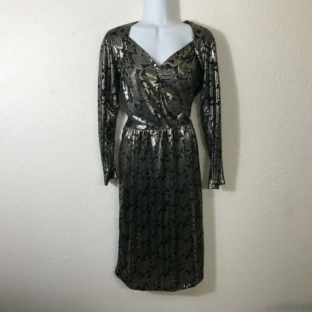 Vintage 80s Homemade Silver Lame Dress XS Paisley Lame Long Sleeve Semi Sheer‎